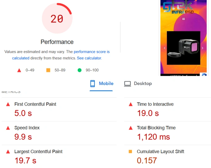 Google PageSpeed Insights results for GTEK Infrared